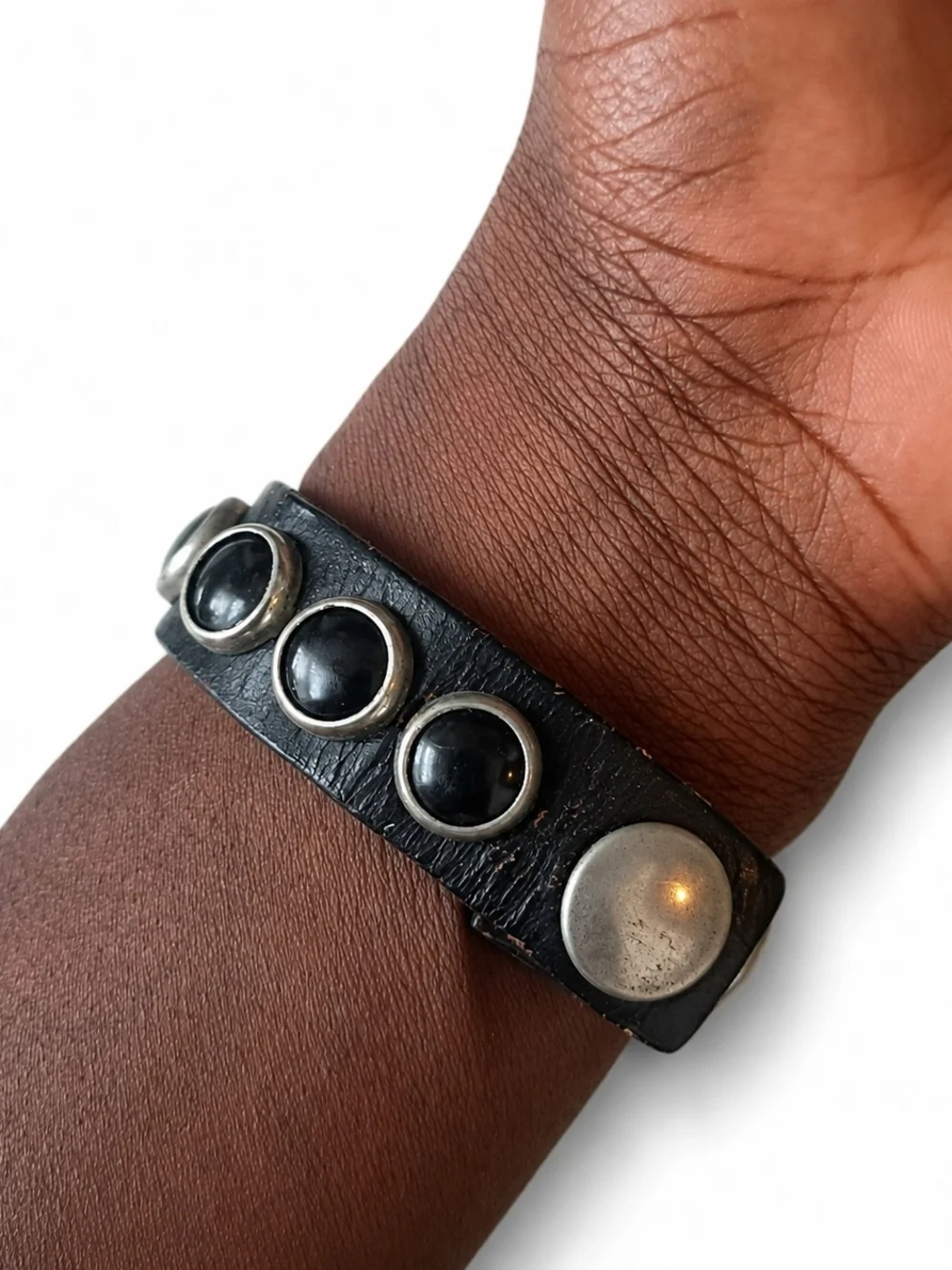 2000's Leather Stud Bracelet W/ Black Cabochons